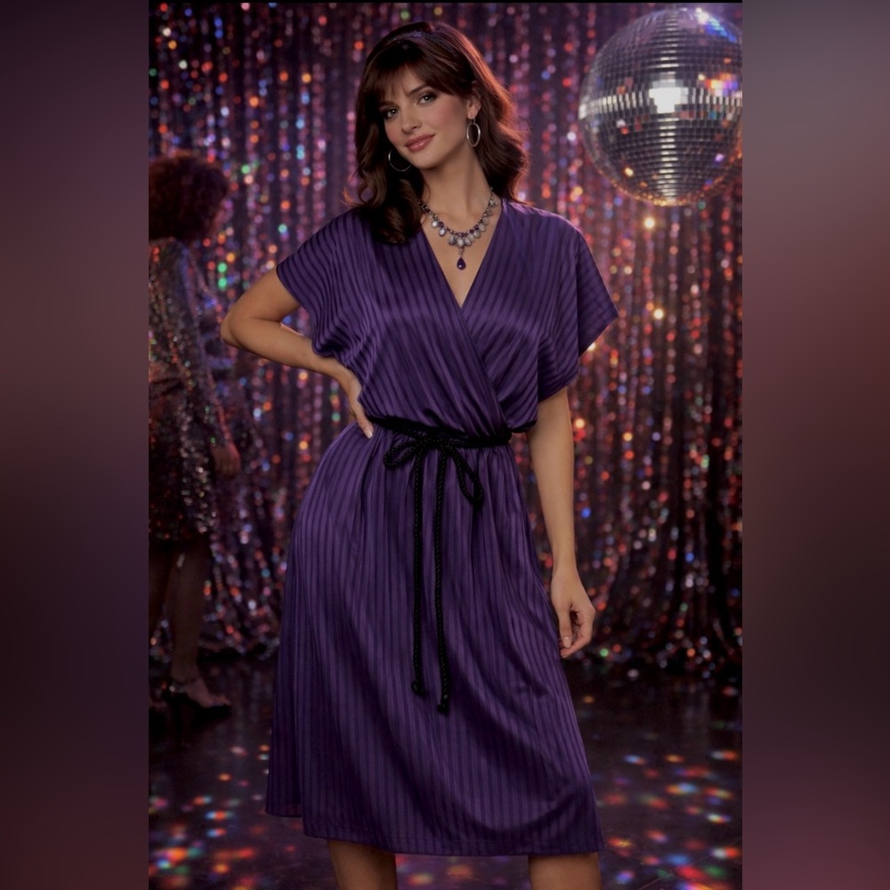 *Leslie Faye- Vintage 70’s 80’s - purple striped, midi dress- deep v neck - S/M